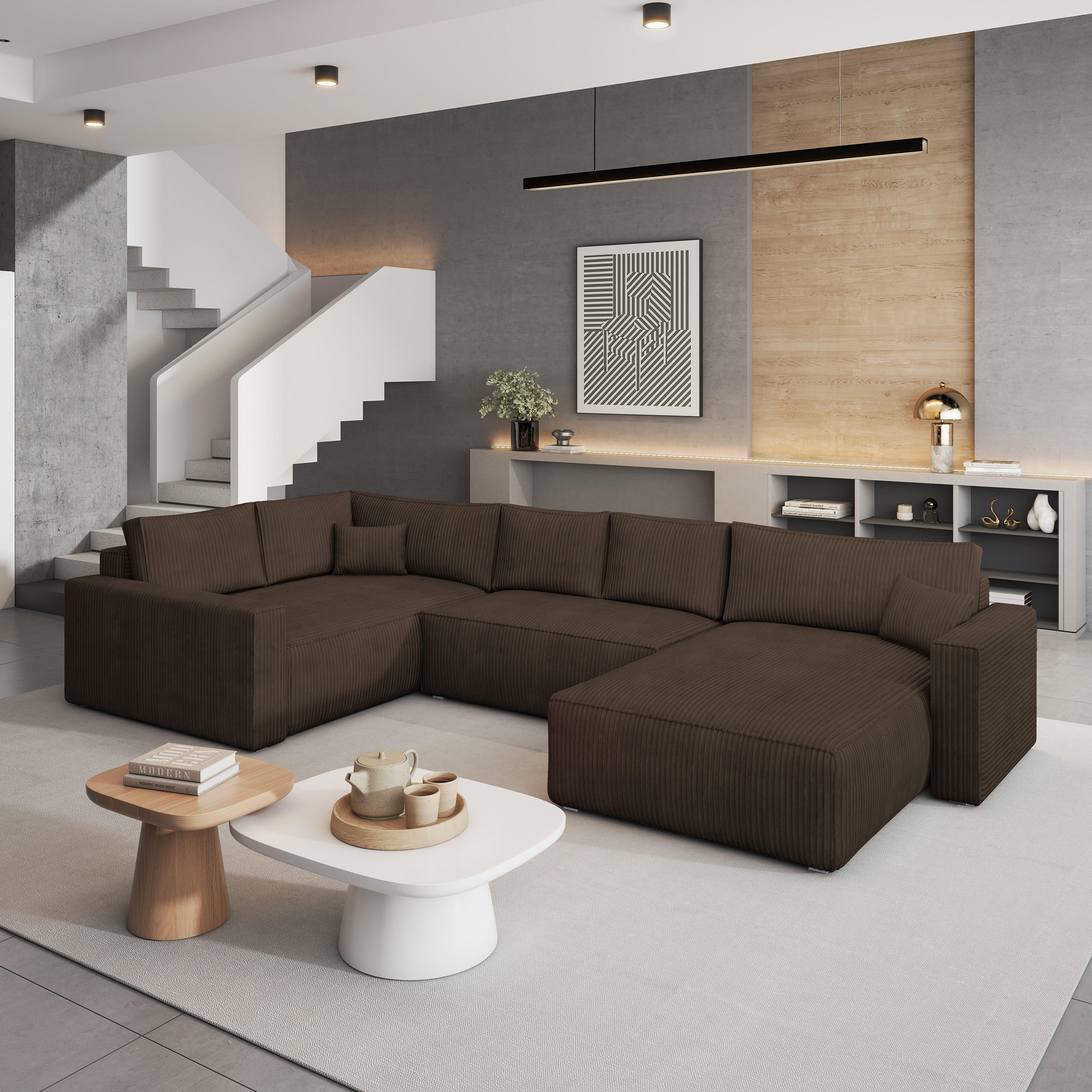 WOHNLANDSCHAFT VELAMI L-S Braun Kordstoff mit Schlaffunktion - Braun, Holz (365/83/194cm) - MASSENO