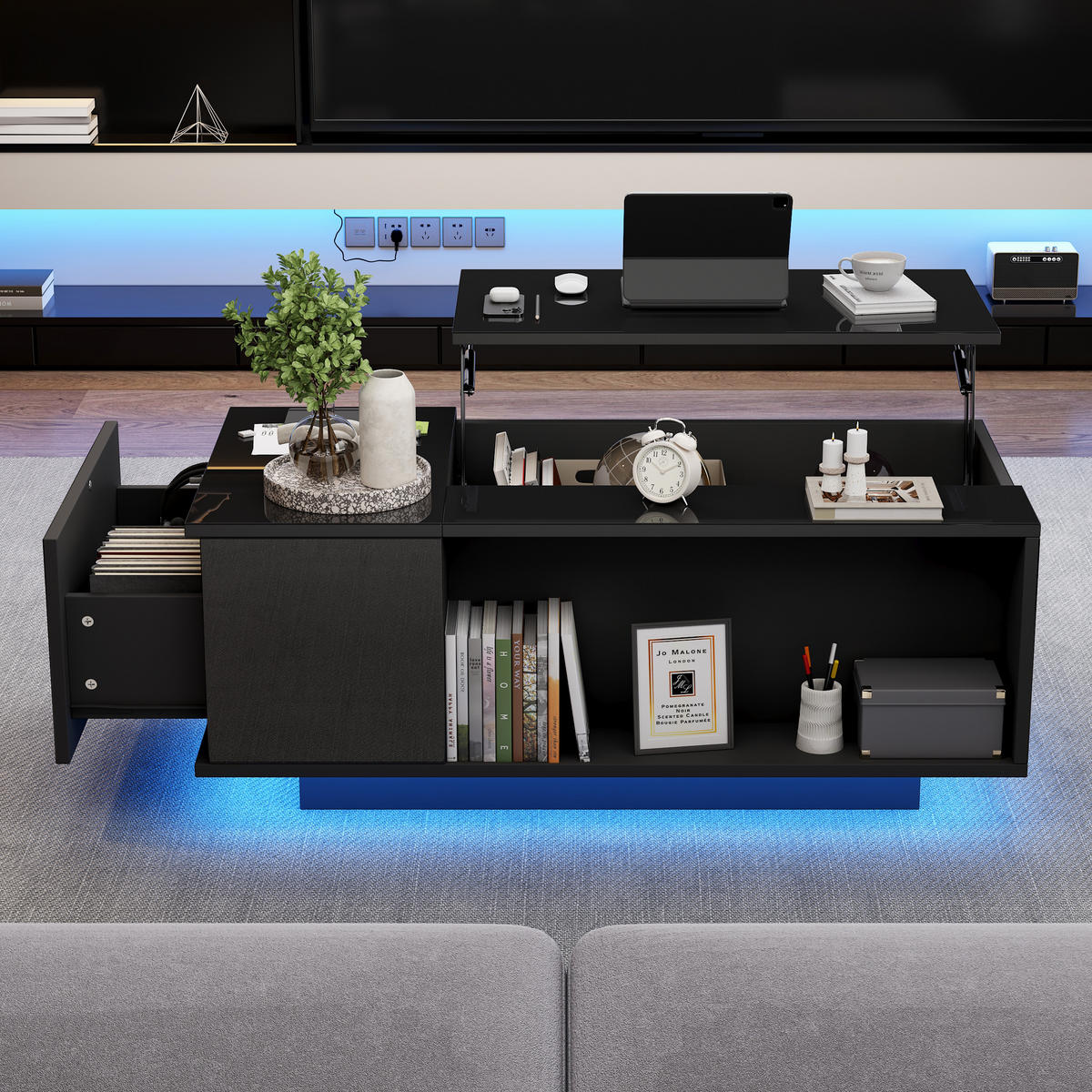 COUCHTISCH 100/50/40 cm höhenverstellbar mit verstecktem Stauraum und LED-Licht - Schwarz, Holzwerkstoff (100/50/40cm) - OKWISH