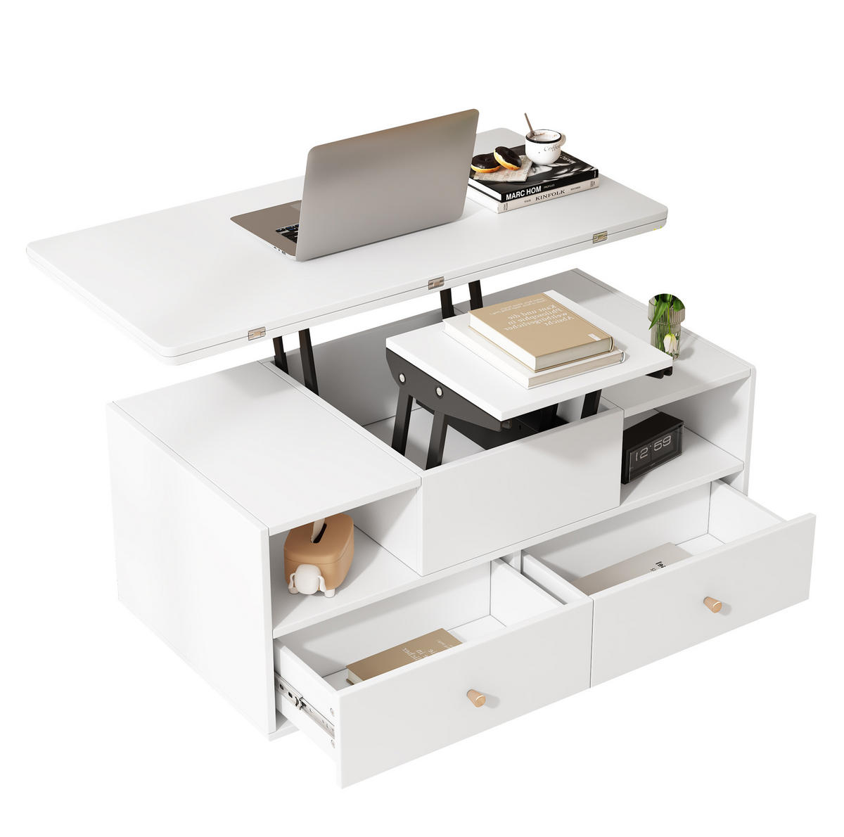 COUCHTISCH aus MDF 100x50x47,5 cm Weiß höhenverstellbar, klappbar mit 4 Schubladen und Rollen - Weiß, Holzwerkstoff (100/50/47.5cm) - Modfu