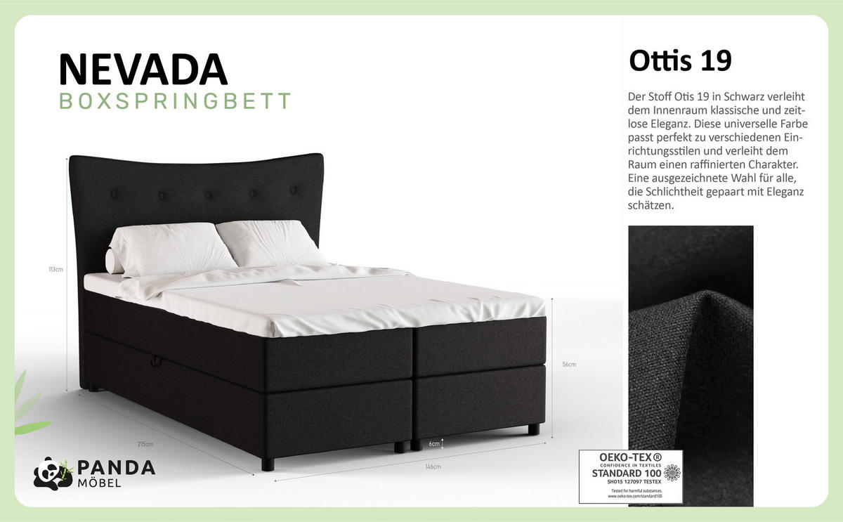 BOXBETT Nevada 140 x 200 cm Doppelbett mit hochwertiger Bonell-Matratze und Topper - schwarz - Schwarz, Holz (140/200cm) - Panda Möbel