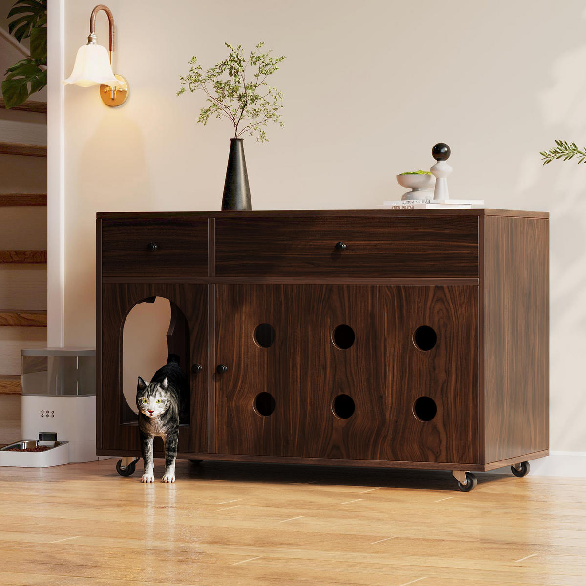 SIDEBOARD Nussbaumfarbe aus MDF 100×45×66cm als Katzenkloschrank mit Sandauffangplatte und Schubladen - Nussbaumfarben, Holzwerkstoff (45/66/10cm) - Luhomfu