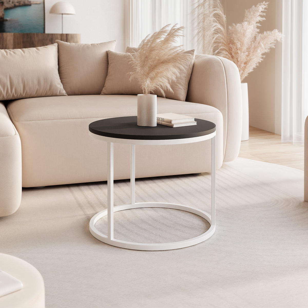 COUCHTISCH 50 cm rund Schwarz, Weiß Gestell - Schwarz, Holzwerkstoff (50/50/42cm) - Idohome