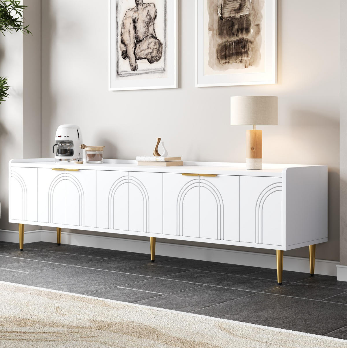 TV-SCHRANK in Weiß mit 3D-Türen und goldfarbenen Griffen 170/35/47.5 cm - Weiß, Holzwerkstoff (170/47.5/35cm) - Redom