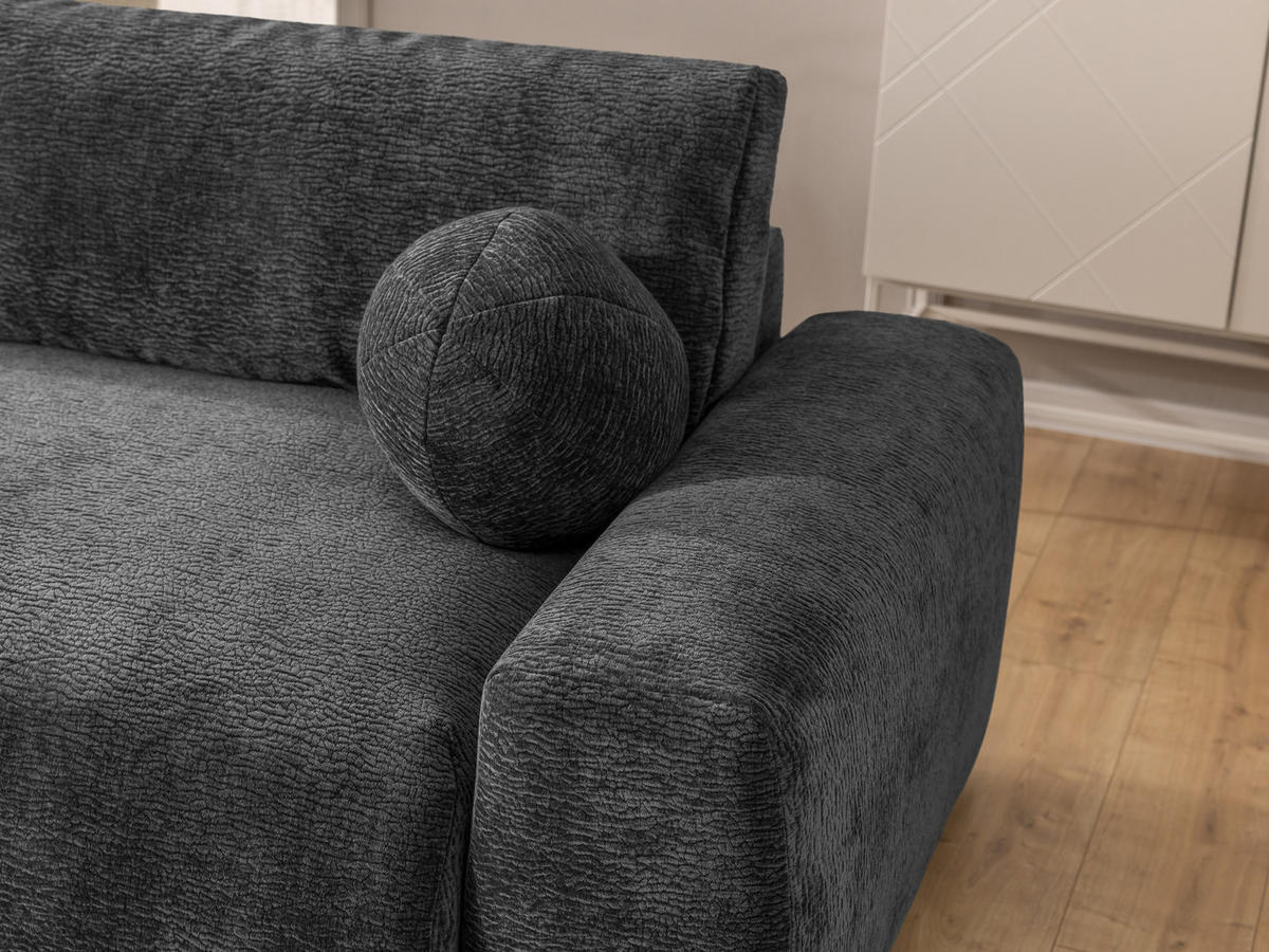 ECKSOFA Puffy mit Schlaffunktion und Bettkasten - besonders weich und puffig aus Dunkelgrau Stoff mit Chenillestruktur - Ottomane links - Dunkelgrau/Schwarz, Holz/Kunststoff (138/266cm) - S-Style Möbel