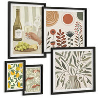 BILDER SET 5er Set - 50x50 cm & 20x30 cm & 40x60 cm Schwarzer Rahmen - Blumenmuster in Orange und Grün - Schwarz, Kunststoff (40/60cm) - TULUP