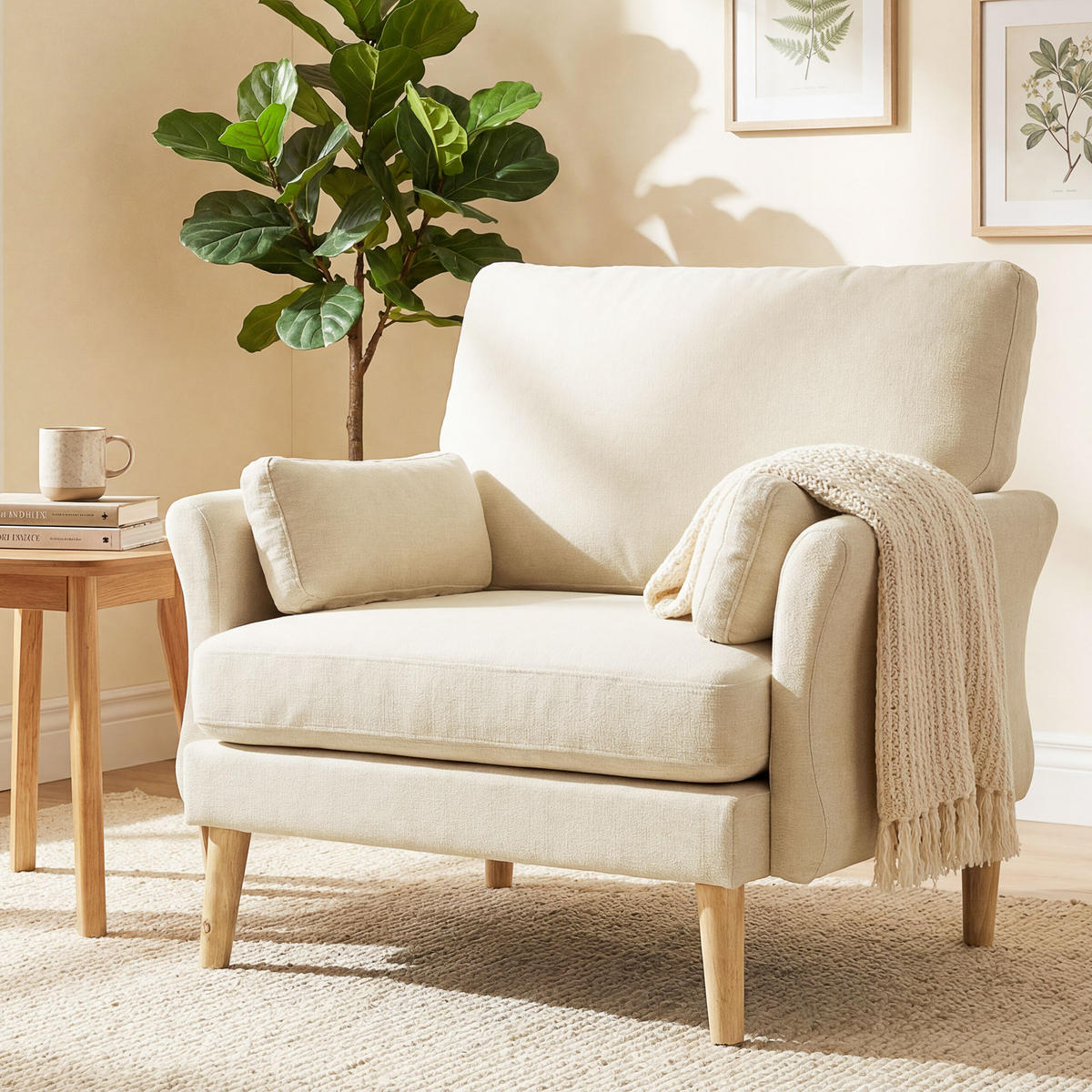 FÅTÖLJ i polyester och gummiträ, krämvit - Cremefärgad/Naturfärgad, Trä/Textil (80/88/103cm) - HOMCOM