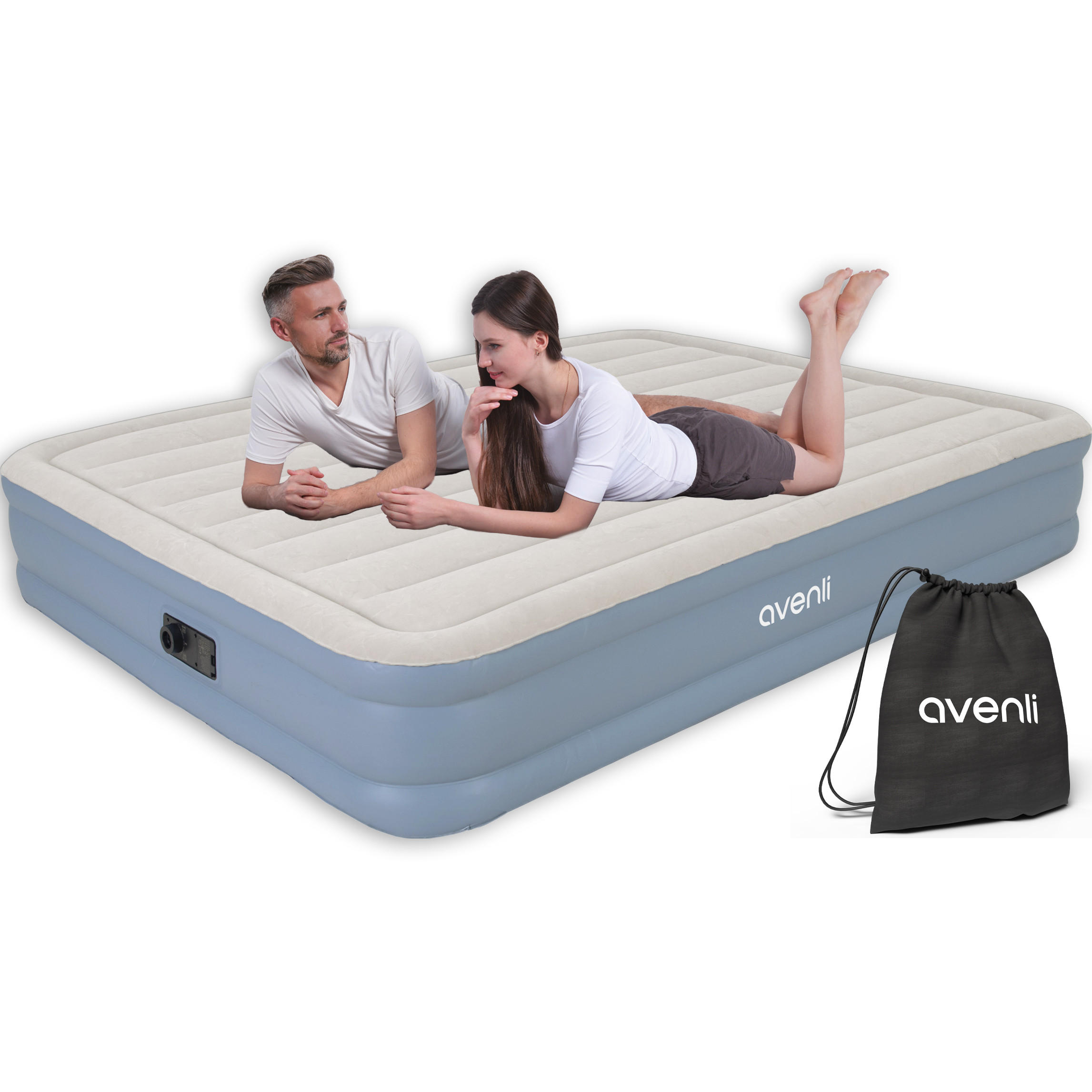 LUFTBETT Luftmatratze selbstaufblasend 203 x 152 x 33 cm mit integrierter Pumpe - Grau/Hellblau, Kunststoff (152/203cm) - Avenli
