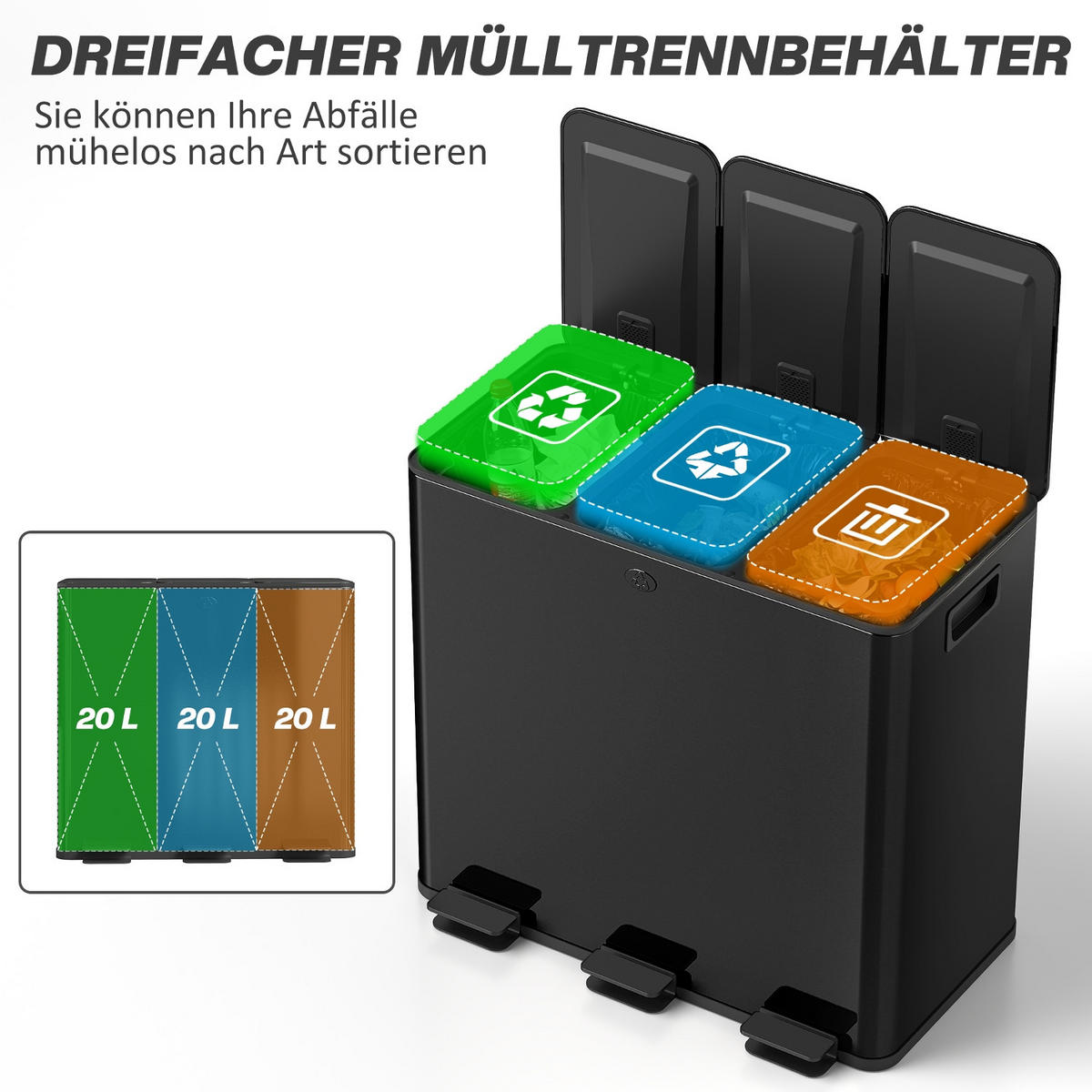 MÜLLTRENNSYSTEM SCHWARZ EDELSTAHL 61,9/36,6/56,7 cm Mülleimer 3 Fächer 60L Soft-Close Küche - Schwarz, Metall (36.6/56.7/61.9cm) - Rolipo