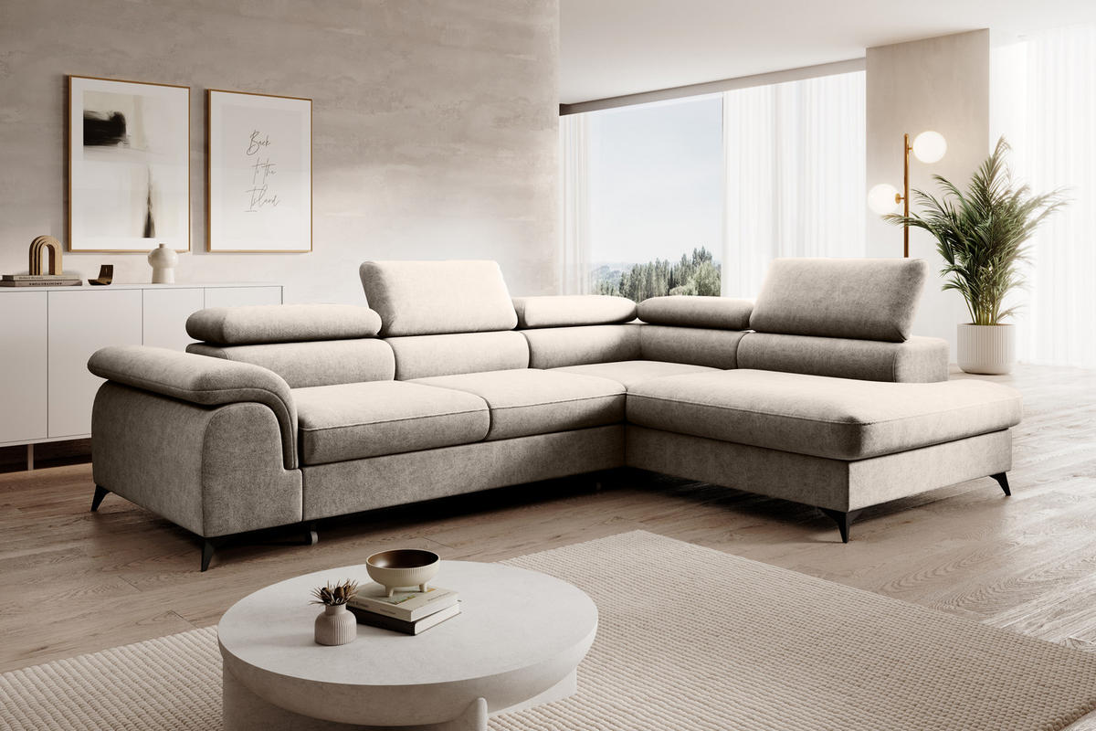 ECKSOFA PLAZA L Rechts mit Schlaffunktion 125x195 Velours Beige - Beige/Schwarz, Holz/Kunststoff (275/205cm) - Muffo