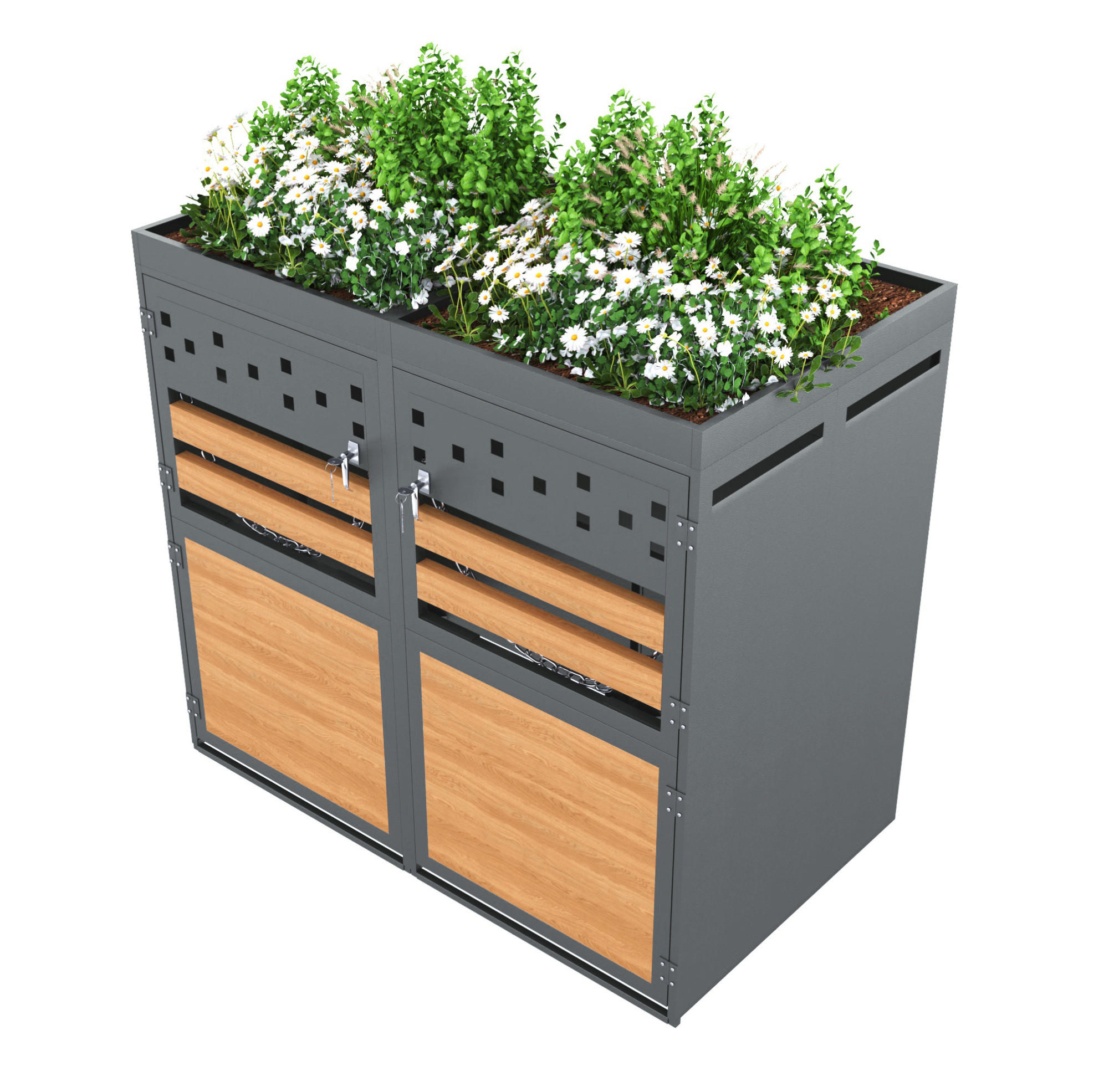 Modfu BOX na popelnice z kovu pro 2 nádoby 132x80x125 cm l šedá/přírodní s výsadbovým víkem, zámkem a možností rozšíření