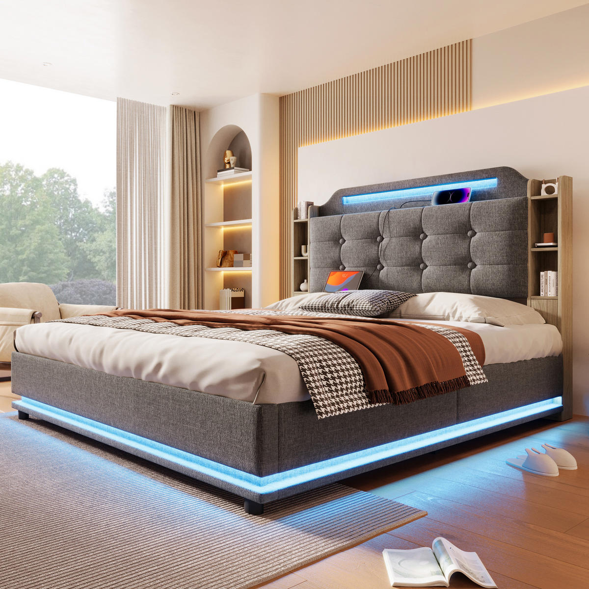 POLSTERBETT 140/200 cm mit LED-Lichtleiste, USB- und Type-C-Anschluss, hydraulischem Stauraum und Ablagefächern, Grau - Grau, Textil (140/200cm) - Redom