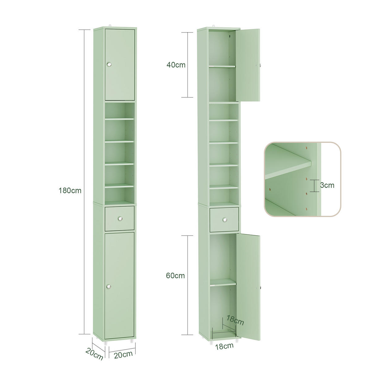 HOCHSCHRANK schmal Hellgrün - Hellgrün, Holzwerkstoff (20/180/20cm) - SoBuy