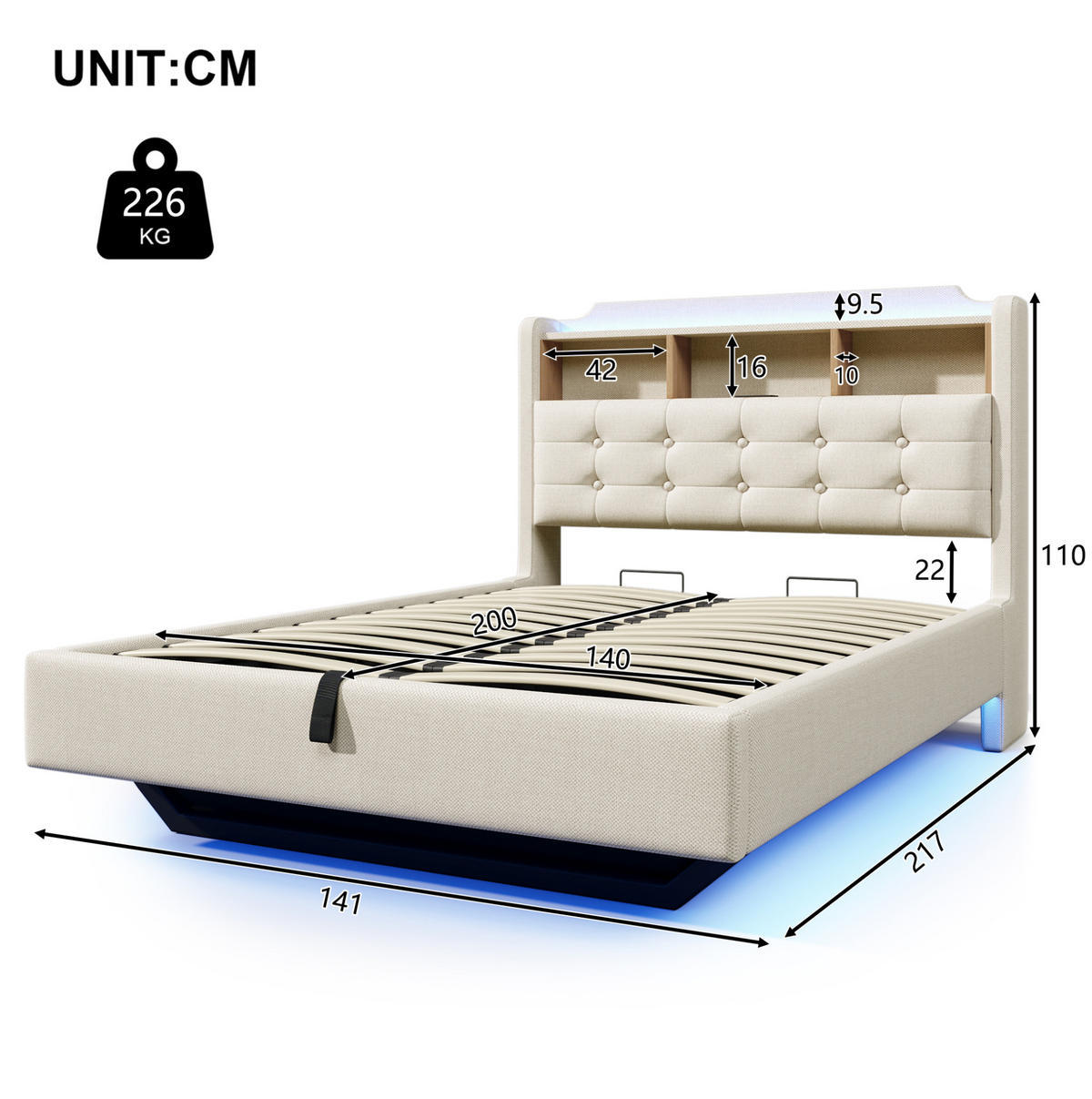 POLSTERBETT 140/200 cm mit LED-Beleuchtung und Bettkasten in Beige - Beige, Textil (140/200cm) - BEAOK