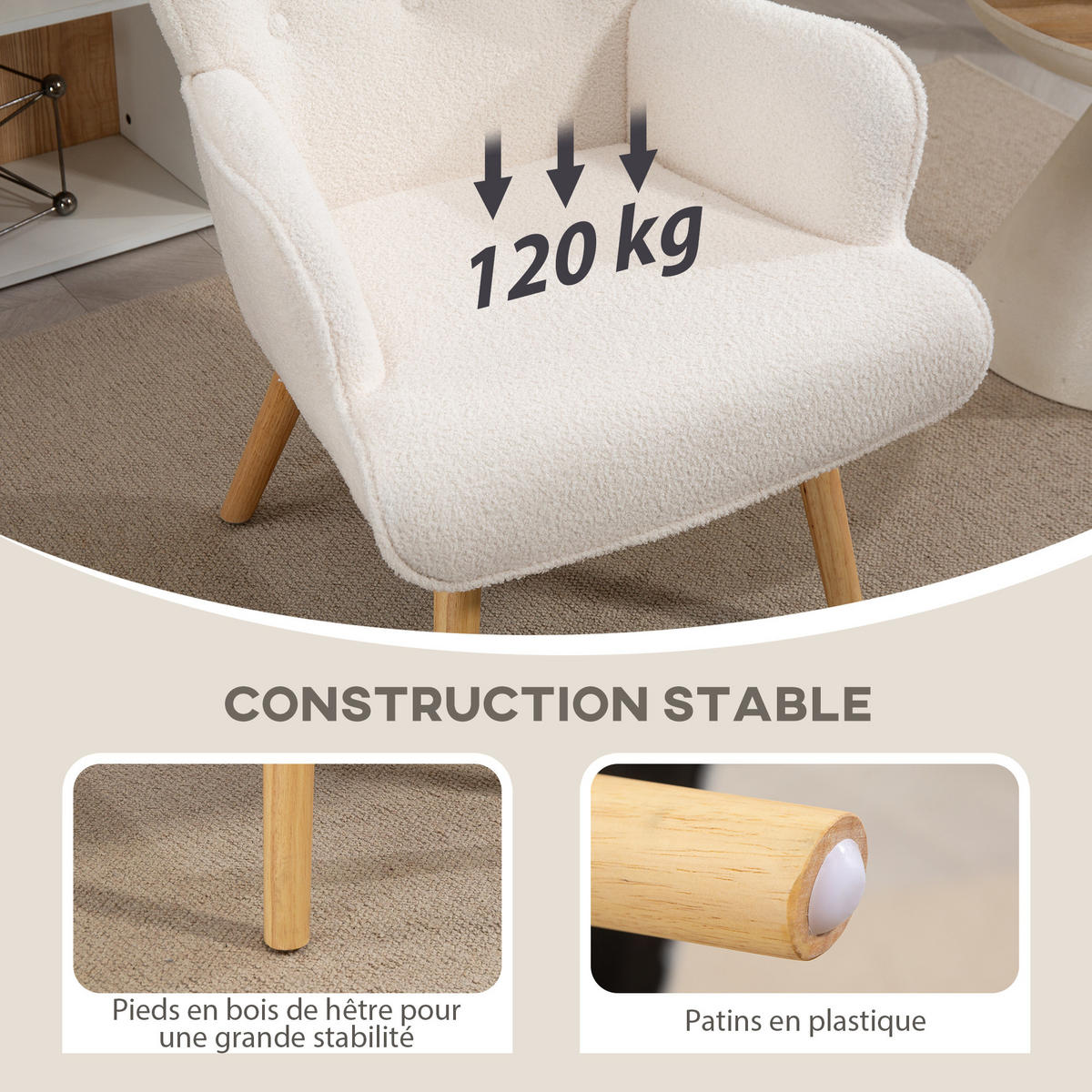 SESSEL DE-13279 Bouclé-Stoff & Knopfheftung Beige - Beige, Holz (71/96/74cm) - ComfortXL