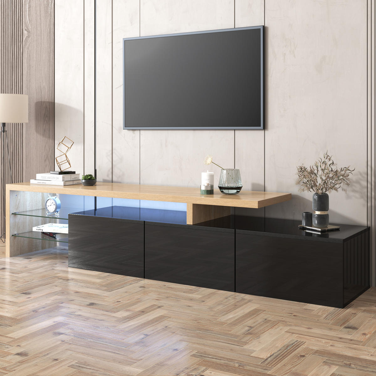 TV-SCHRANK Lowboard Hochglanz Glas LED schwarz - Naturfarben, Holz (197.5/42/39cm) - Fortuna Lai