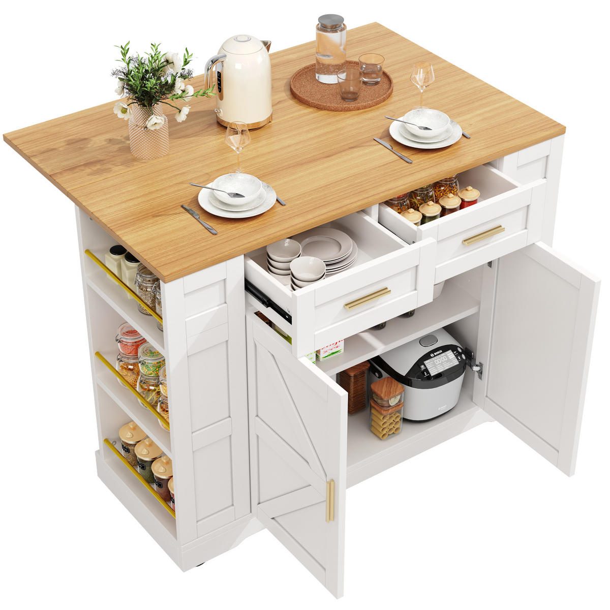 KÜCHENINSEL 120/40/90 cm weiß mit klappbarer Tischplatte - Weiß, Holzwerkstoff (120/90/65cm) - OKWISH