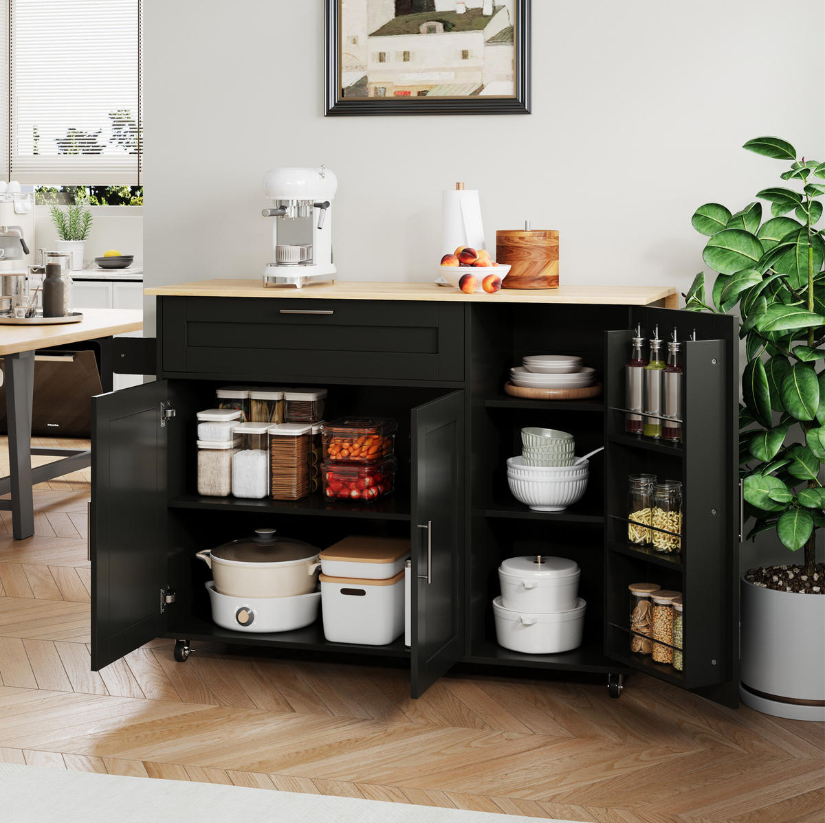 KÜCHENINSEL 132,5/44(70)/90 cm aus MDF mit klappbarer Arbeitsplatte und 5 Rollen Schwarz/Natur - Schwarz, Holzwerkstoff (132.5/90/70cm) - Modenvie