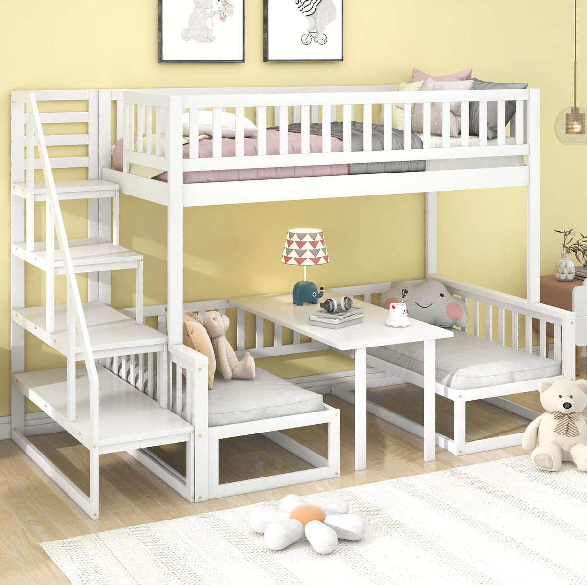ETAGENBETT aus Kiefer und MDF 245,5x125x170 cm Weiß mit Treppe, verstellbarem Tisch und ausziehbarer Liegefläche - Weiß, Holzwerkstoff (90/200cm) - Modfu