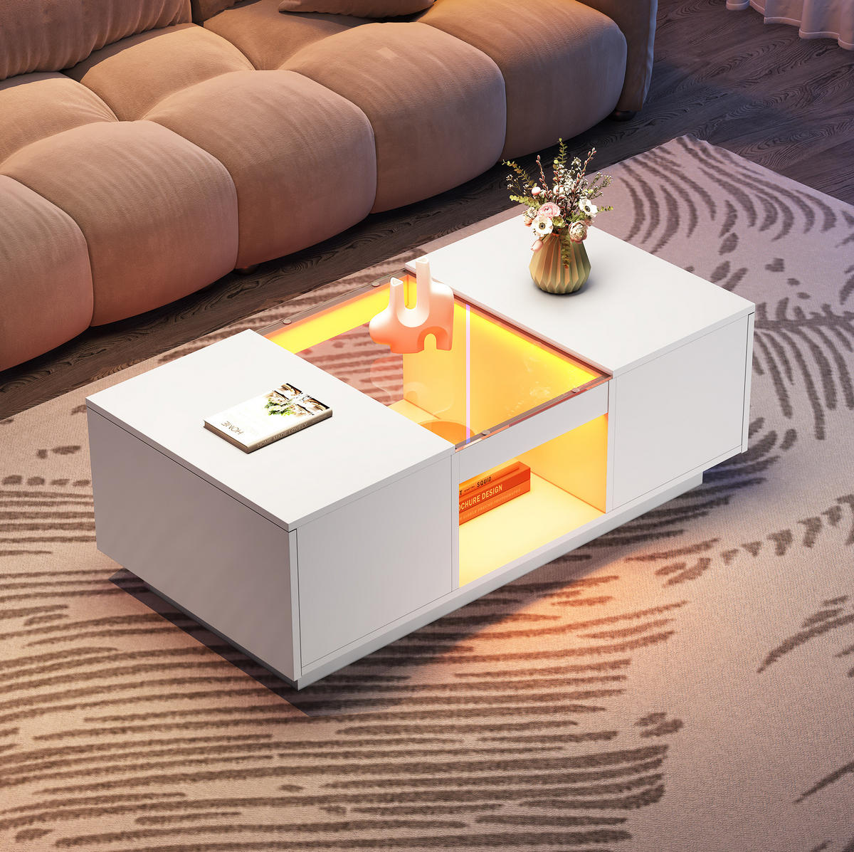 COUCHTISCH aus Spanplatte 100x50x35,5 cm in Weiß mit LED & App-Steuerung - Weiß, Holzwerkstoff (100/50/35.5cm) - Modfu