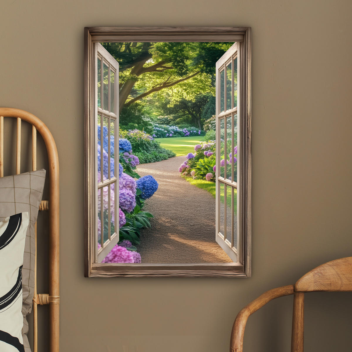 LEINWANDBILD Aussicht - Garten - Fenster - Hortensie - Blumen 60x90 cm - Pastellblau, Textil (60/90cm) - MuchoWow