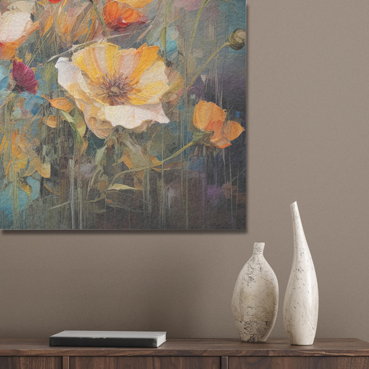 AKUSTIKPANEEL Blumen - Aquarell - Kunst - Botanisch - Natur 80x60 cm - Orange, Textil (80/0.9/60cm) - MuchoWow
