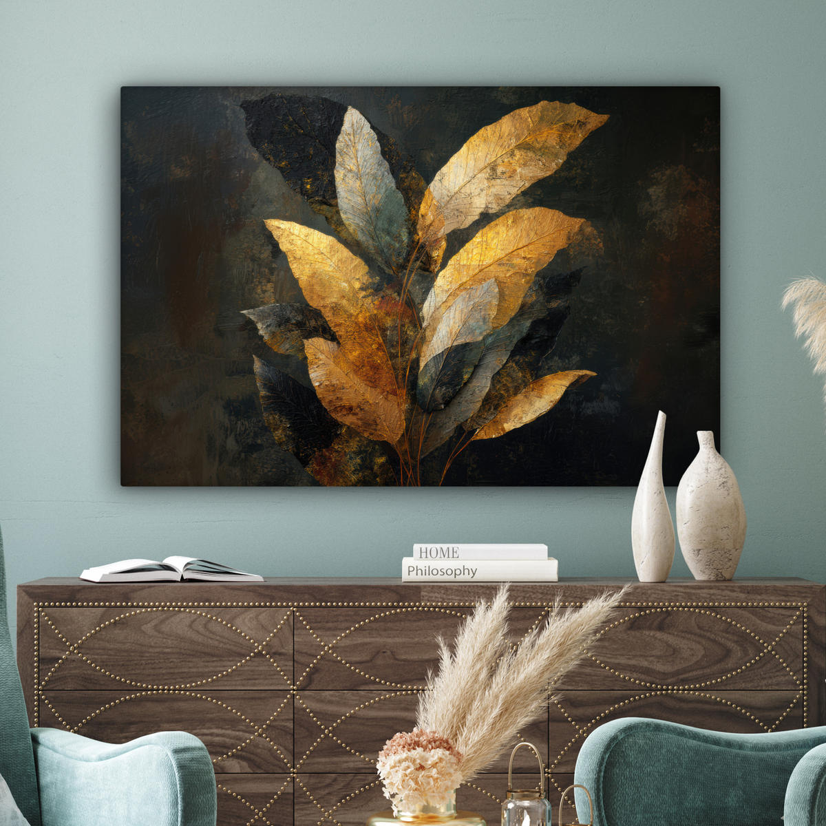 LEINWANDBILD Golden Leaf Komposition - Botanical Luxury Groß 140x90 cm - Goldfarben/Schwarz, Textil (140/90cm) - MuchoWow