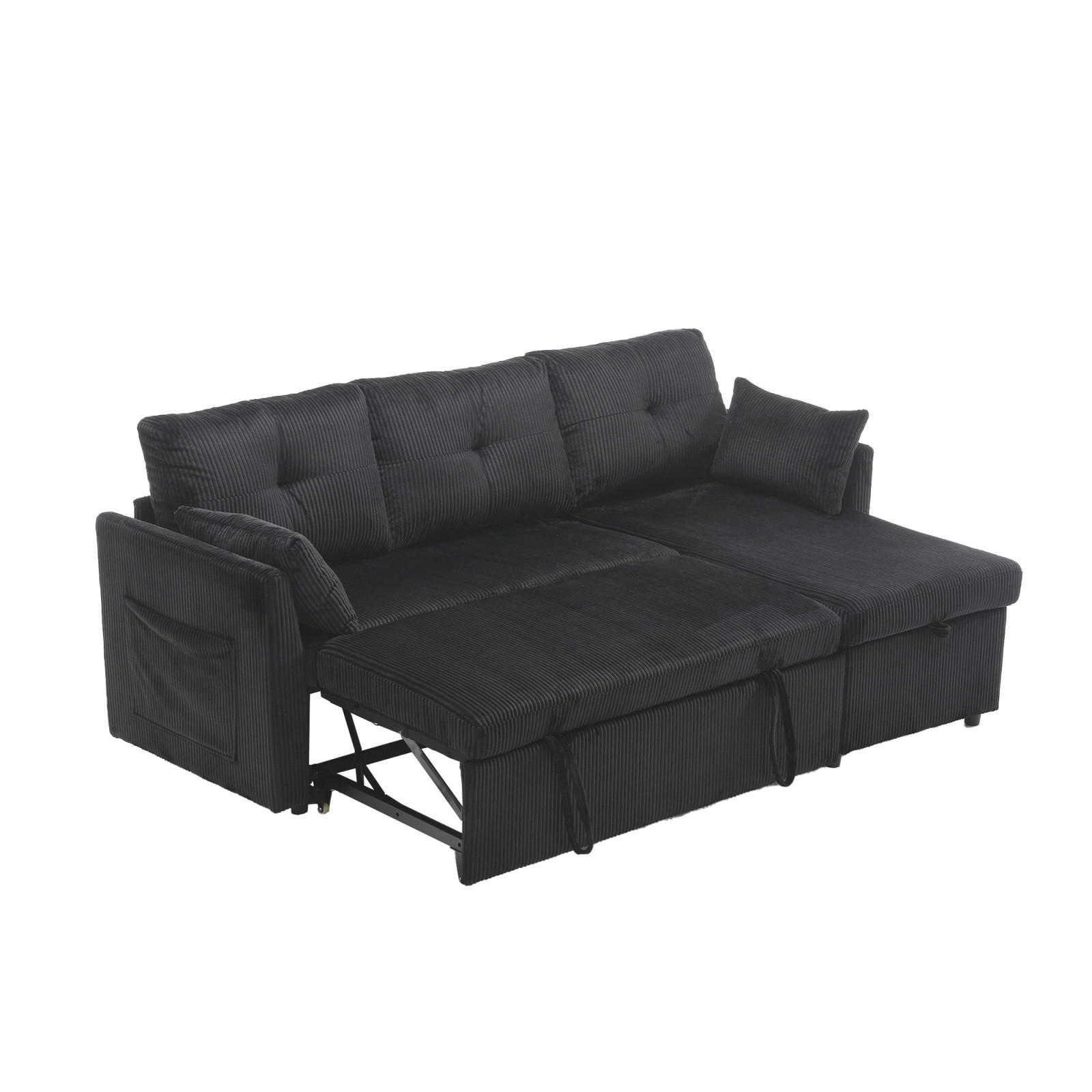SCHLAFSOFA mit Stauraum, Ausziehbett und wechselbarer Chaiselongue - Schwarz, Textil (206/66/108cm)