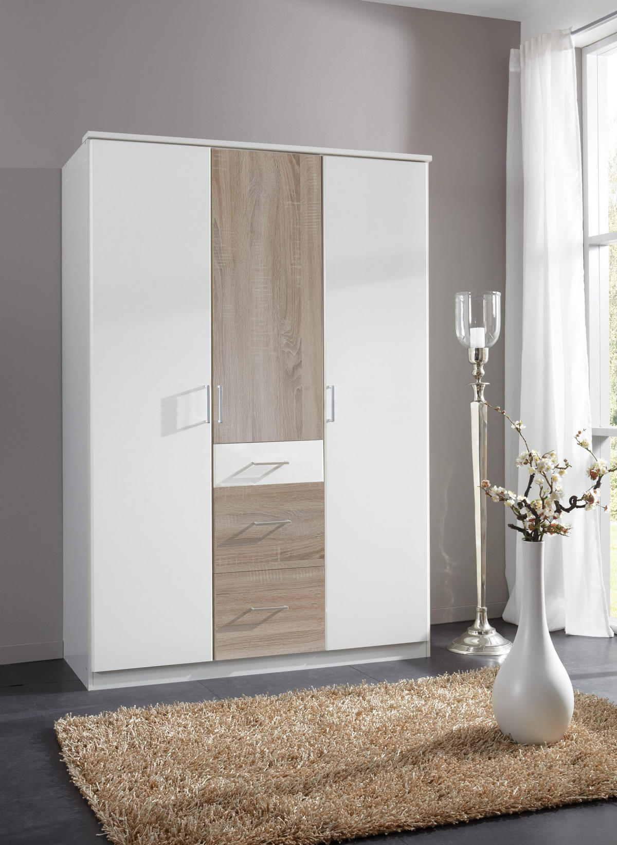 KLEIDERSCHRANK Click in Weiß mit Eiche Sägerau - Drehtürenschrank 135 cm Breite ohne Spiegel - Weiß, Holzwerkstoff (135/199/58cm)