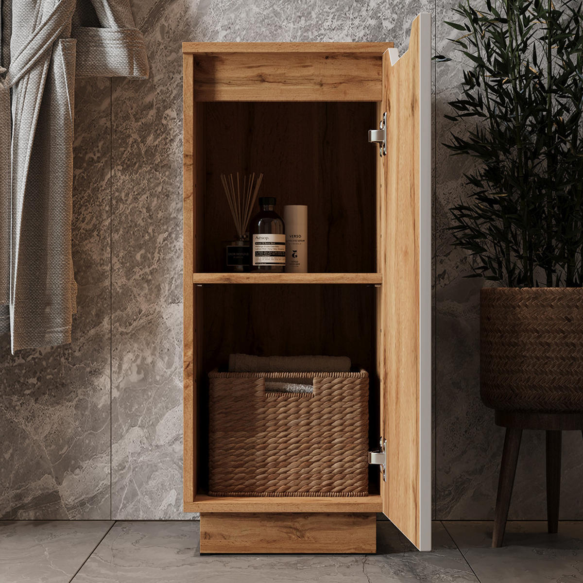 MIDISCHRANK Lotta Eiche/Weiß mit Kachelstruktur 33.4 x 81.9 cm - Eichefarben/Weiß, Holzwerkstoff (33.4/81.9/35cm) - Vicco