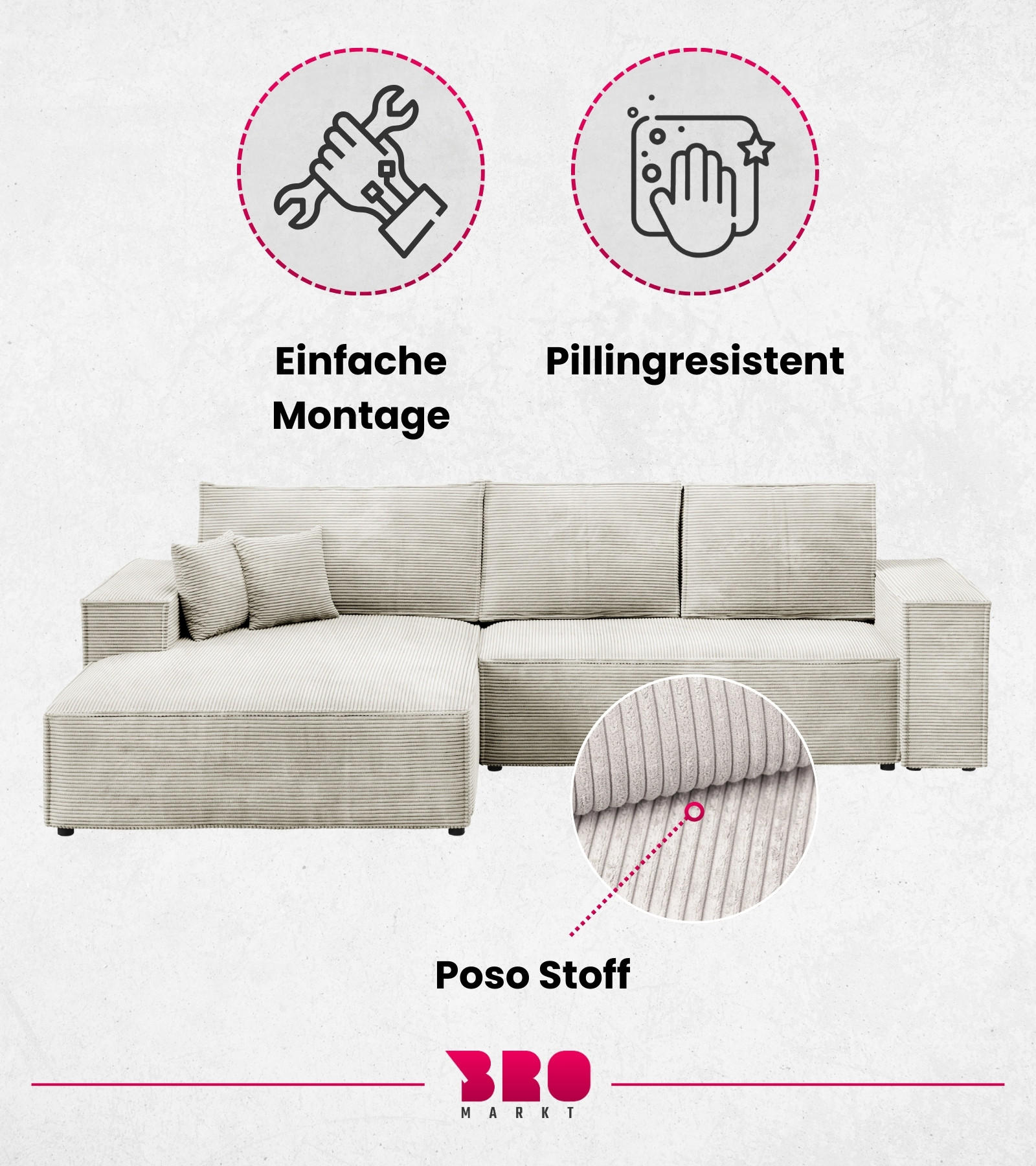 Thumbnail - Bromarkt Ecksofa, Weiß, Textil, 3-Sitzer, Ottomane links, 294x185 cm, Wohnzimmer, Sofas & Couches, Wohnlandschaften, Eck...
