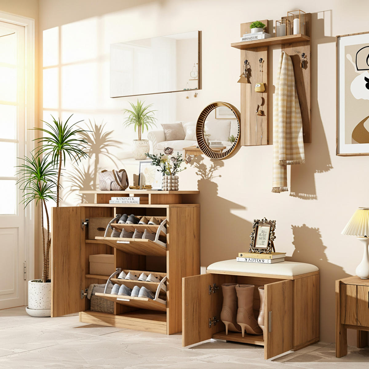 GARDEROBEN-SET 140 cm Natur – Flurmöbel mit Spiegel, Schuhbank & 5 Türen Modern - Naturfarben, Holzwerkstoff (140/133/35cm) - Urban Meuble