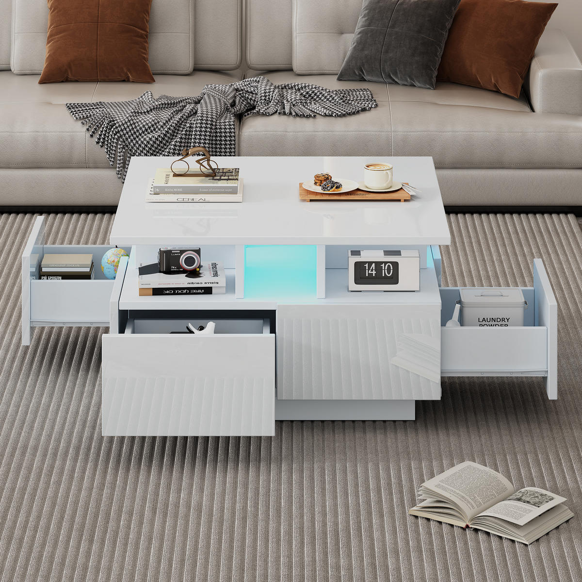 COUCHTISCH 70/70/40 cm in Weiß mit LED-Beleuchtung und 4 Schubladen - Weiß, Holzwerkstoff (70/70/40cm) - Flora Grace