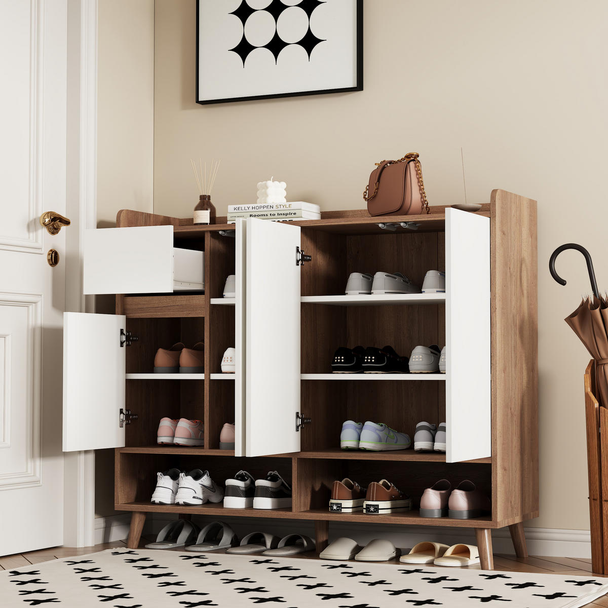 SIDEBOARD in Schwarz Schuhschrank mit 4 Türen und 1 Schubladen für Esszimmer, Wohnzimmer oder Küche, B120/T35/H99cm - Weiß/Naturfarben, Holzwerkstoff/Metall (120/99/35cm) - STILVORA