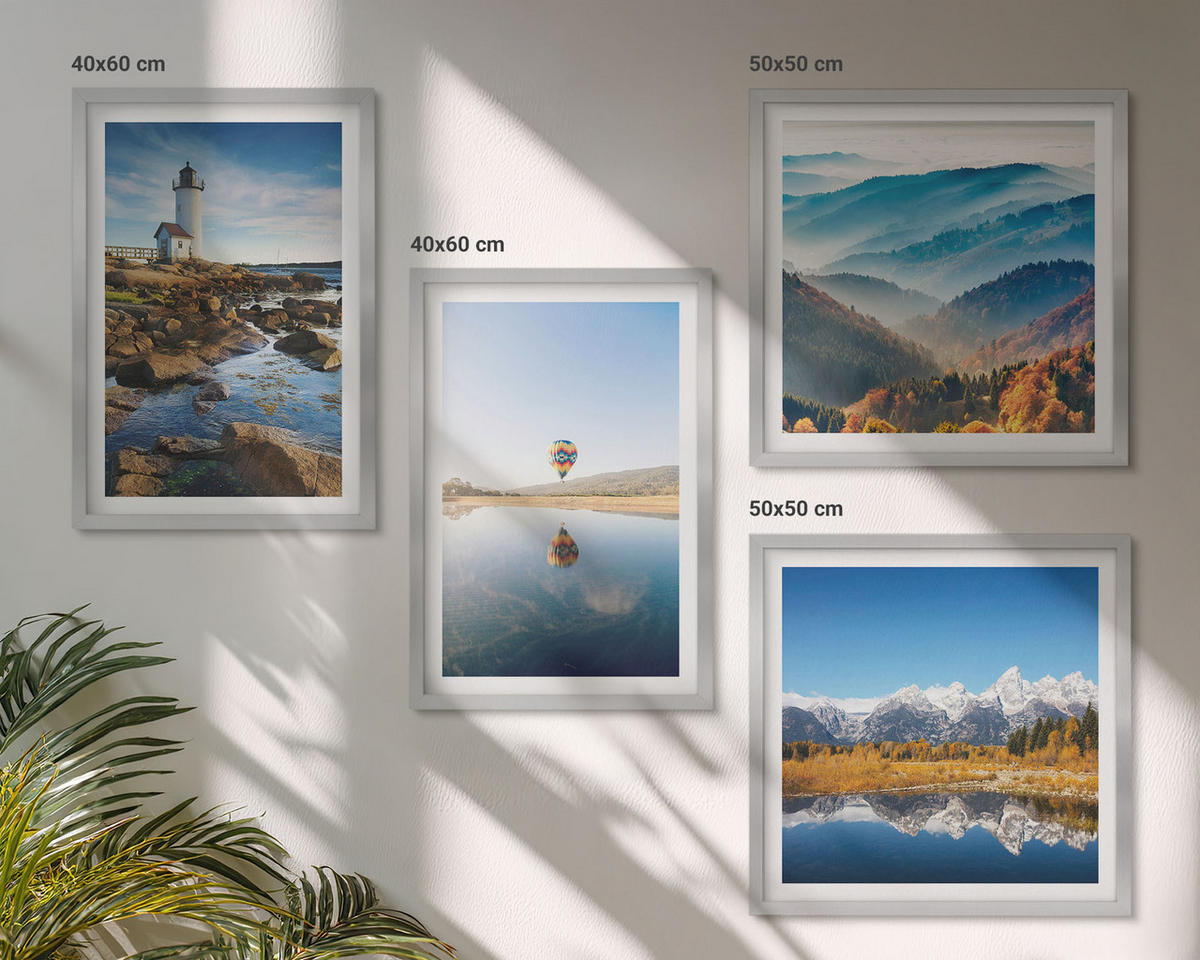 BILDER SET 4er Set - 50x50 cm & 40x60 cm Silberner Rahmen - Ausblicke auf die Natur, Leuchtturm, Berge - Silberfarben, Kunststoff (50/50cm) - TULUP