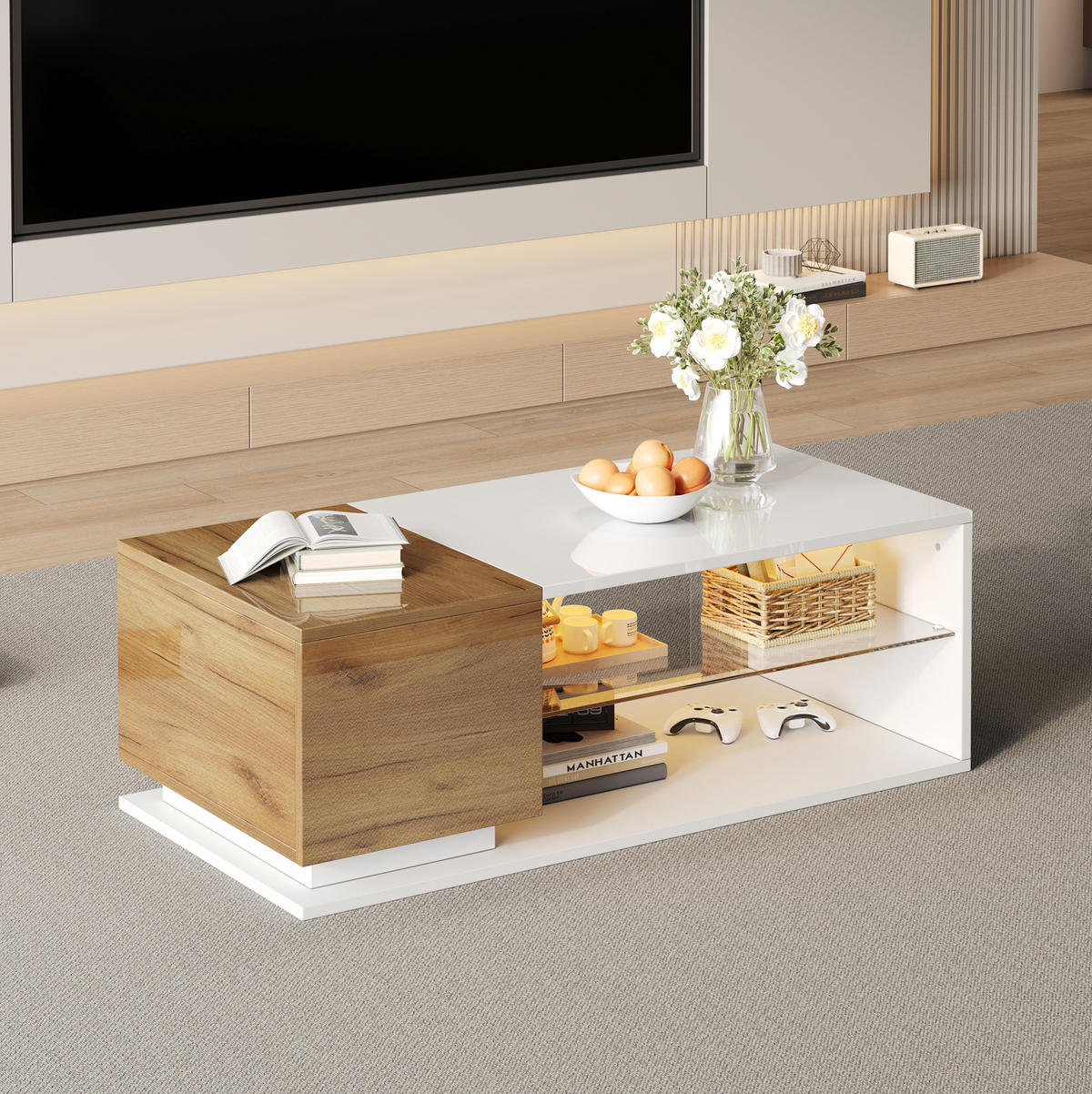 COUCHTISCH 105/50/36 cm mit LED-Beleuchtung, Stauraum, Hochglanz und Glasplatte, Weiß/Eichefarben - Weiß, Holzwerkstoff (105/50/36cm) - Redom