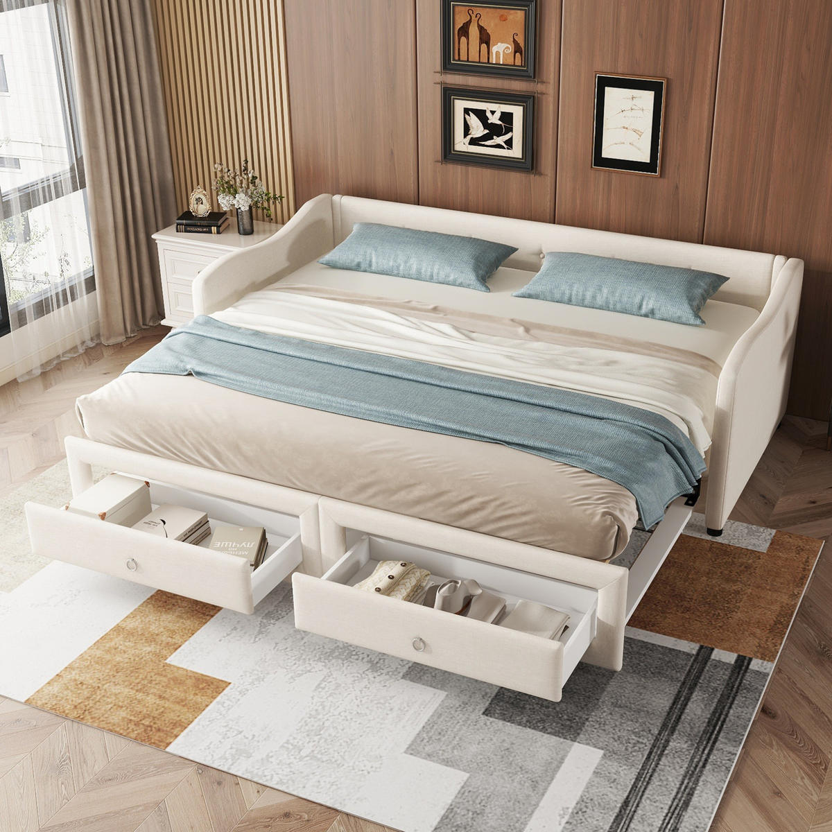 TAGESBETT 90/200 cm mit ausziehbarem Rollbett, 2 Schubladen und Leinenbezug, Beige - Beige, Textil (90/200cm) - Redom