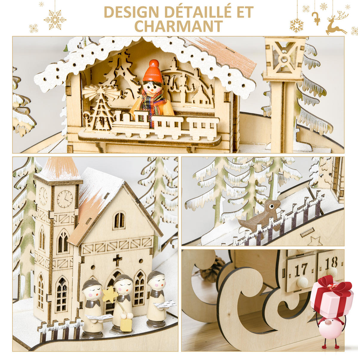 BELEUCHTETER Adventskalender aus Holz in Schlittenform Naturfarben 10.0/45.0/31.0 cm - Naturfarben, Holz (10/31/45cm)