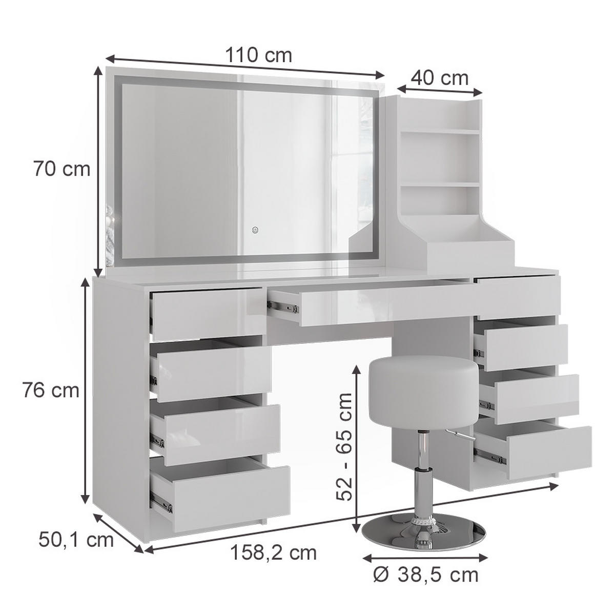 SCHMINKTISCH Sherry Weiß/Weiß Hochglanz 158.2 cm 4 Teile - Weiß Hochglanz, Holzwerkstoff (158.2/76/50.1cm) - Vicco