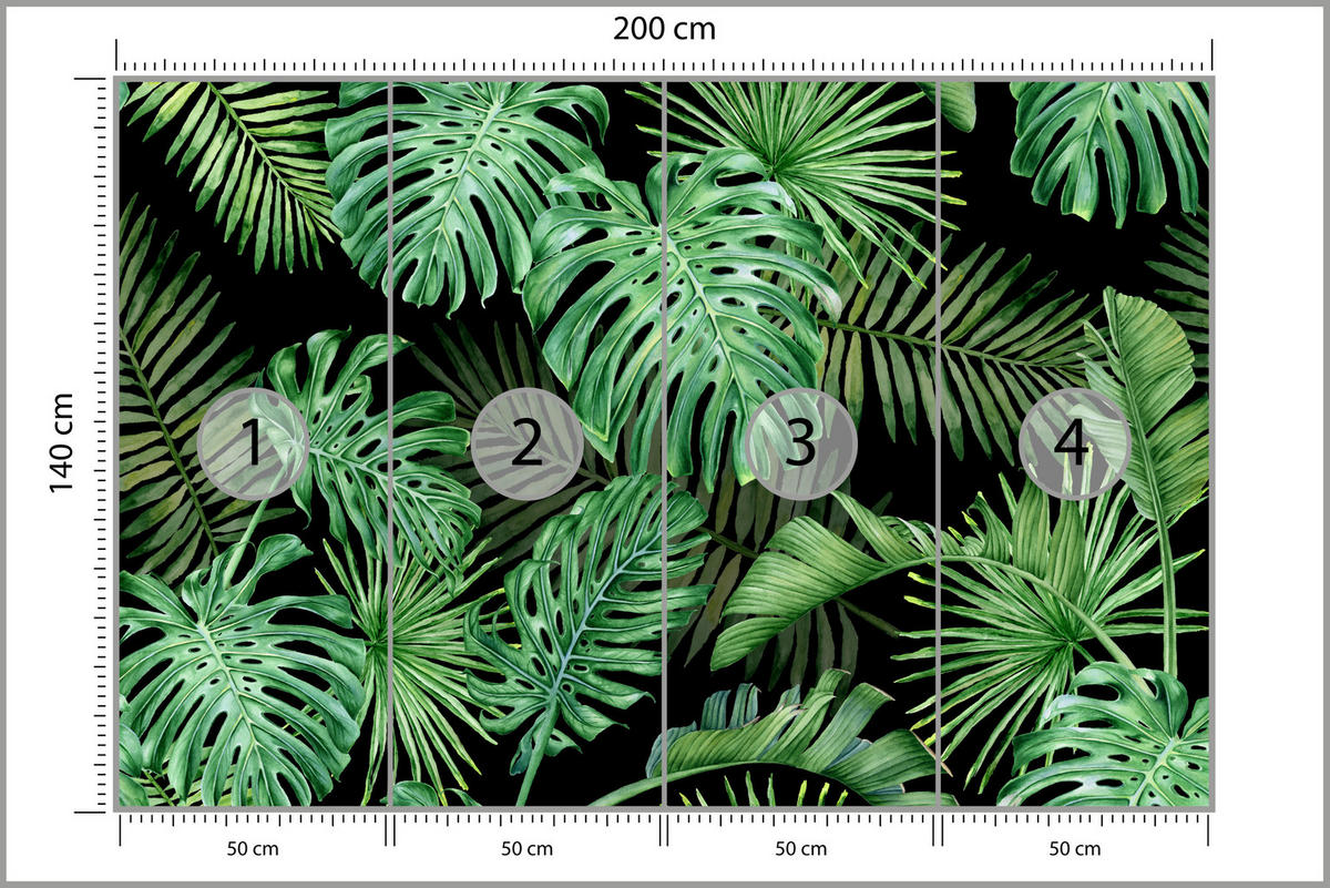FOTOTAPETE für Schlafzimmer Exotische Grüne Monstera Palmen 200x140 - Schwarz/Grün, Papier (200/140cm) - Muralo