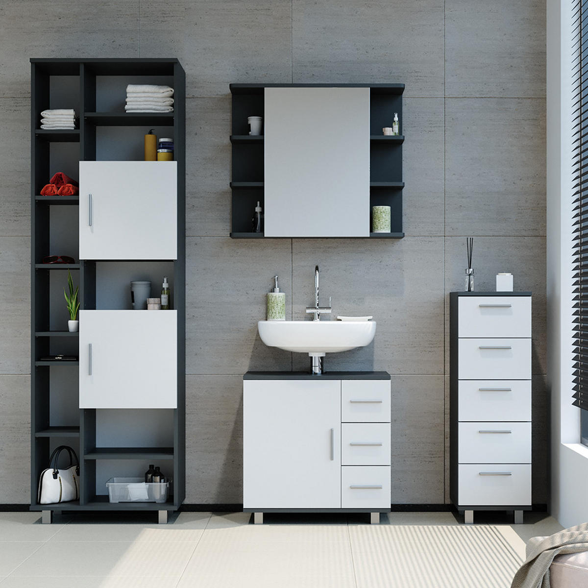 BADSCHRANK Ilias Anthrazit 30 x 95 cm - Anthrazit/Weiß, Holzwerkstoff (30/95/30cm) - Vicco