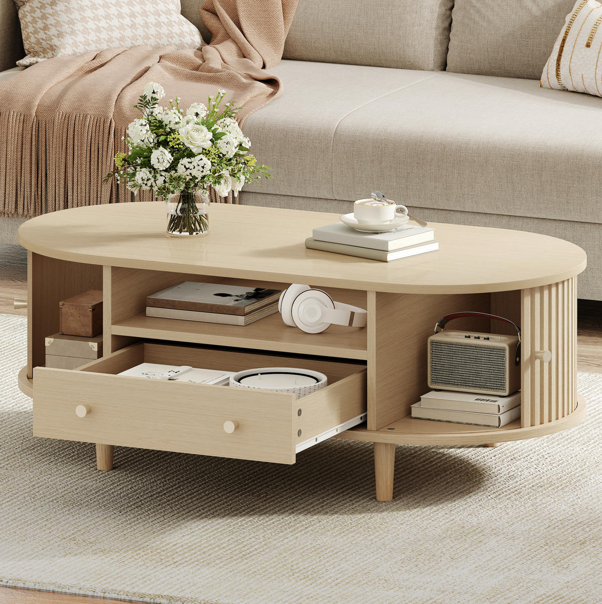 KONFERENČNÍ stolek z MDF 100x50x36 cm dubová barva se zásuvkou, roletovými dvířky a otevřeným úložným prostorem - barva dubu, kompozitní dřevo (100/50/36cm) - Modfu