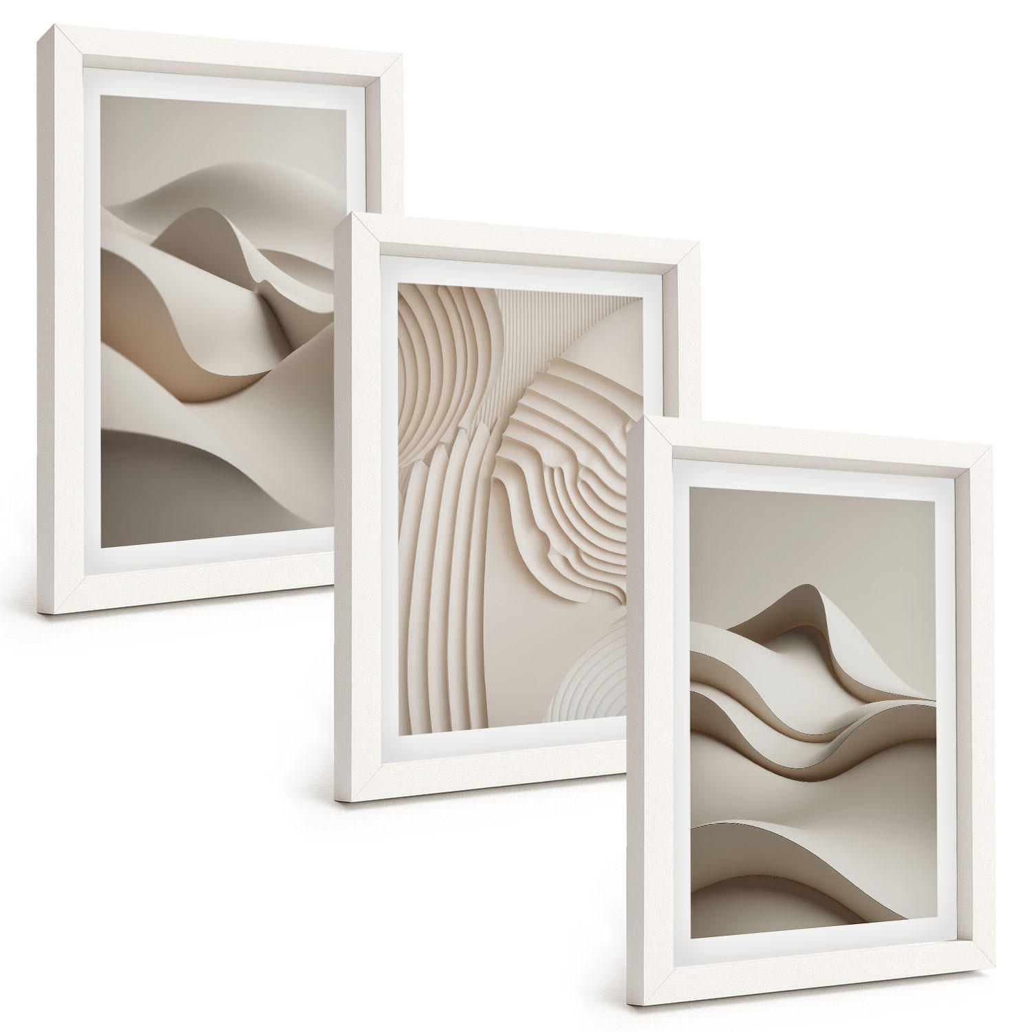 BILDER SET 3er Set - 20x30 cm Weißer Rahmen - Abstrakte beige Wellen - Weiß, Kunststoff (20/30cm) - TULUP