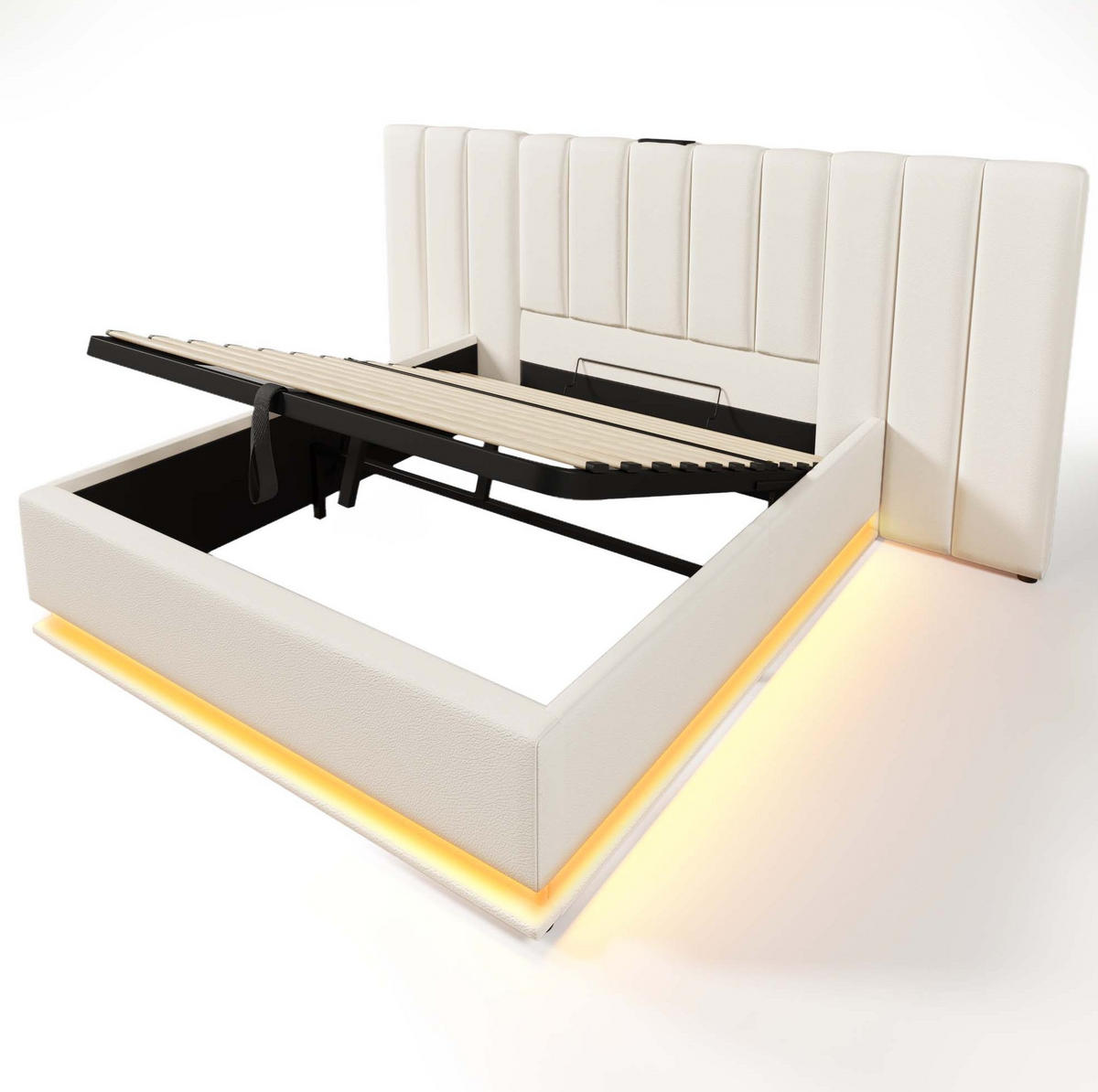POLSTERBETT 160/200 cm mit LED-Beleuchtung, USB-C und hydraulischem Stauraum, PU, Weiß - Weiß, Textil (160/200cm) - Redom