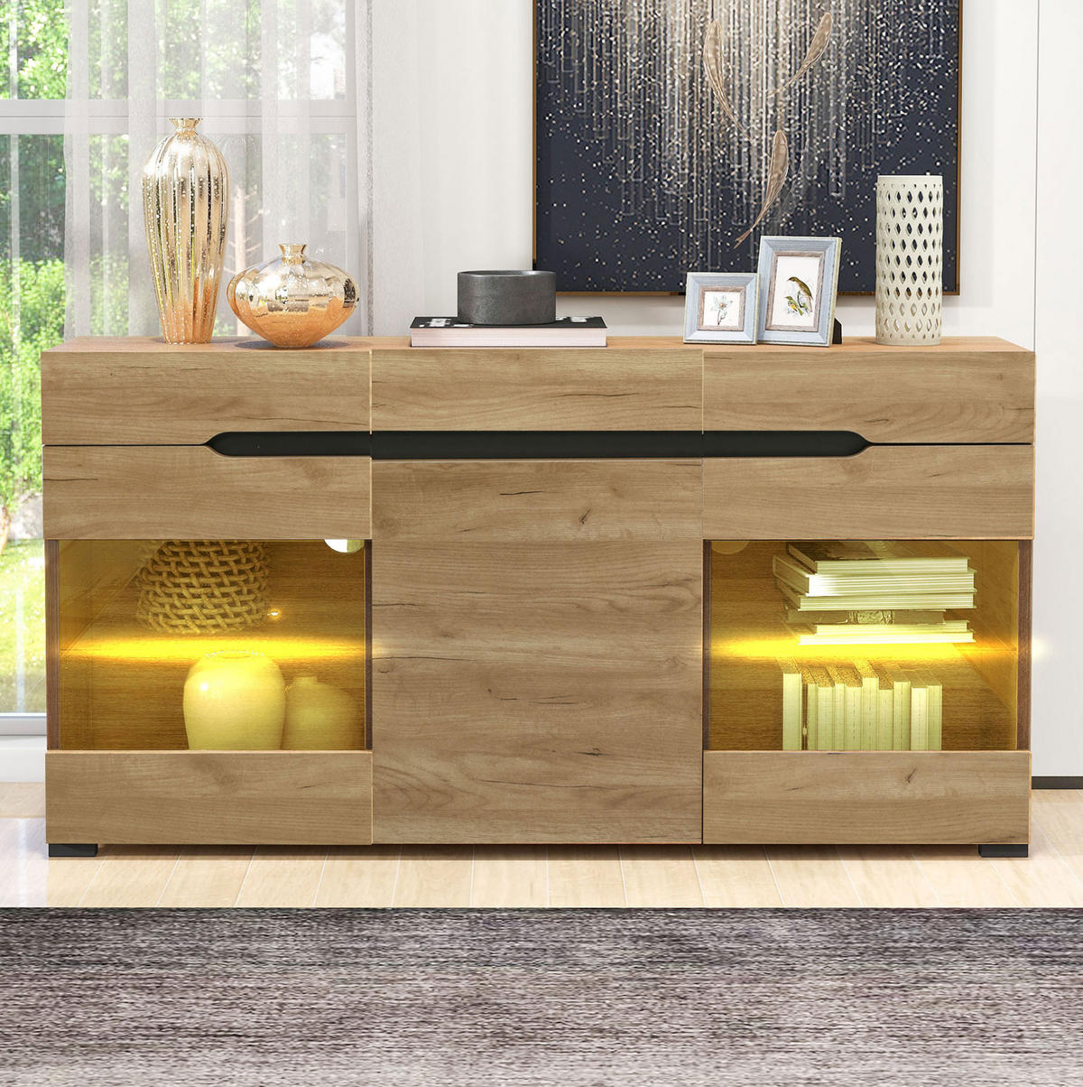 SIDEBOARD 140/35/80 cm Eichefarben aus Spanplatte mit LED-Beleuchtung - Naturfarben, Holzwerkstoff (35/80/140cm) - OKMYHOME