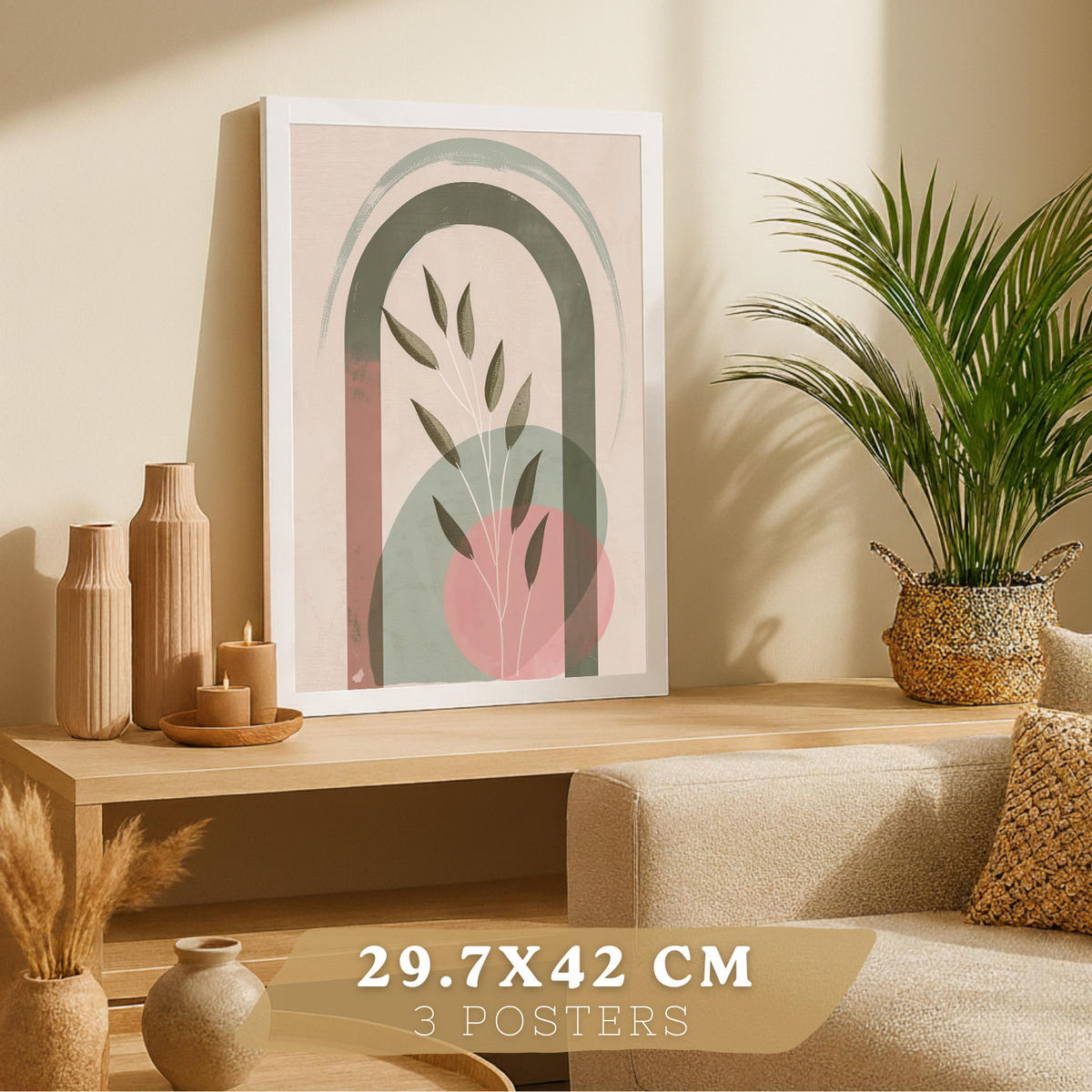PLAKAT Sada 3 dekorativních nástěnných tisků, pastelově zelené a růžové rostliny, pro moderní dekoraci obývacího, velikost Bílý rám A3 - bílá, papír (29.7/42/3cm) - Nacnic