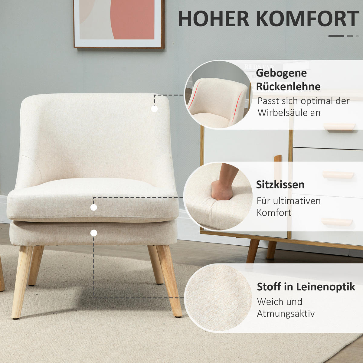 ESSZIMMERSTUHL Küchenstuhl mit Armlehne Polsterstuhl Modern Leinen-Touch Weiß - Creme, Kunststoff (69/79.5/63cm) - HOMCOM