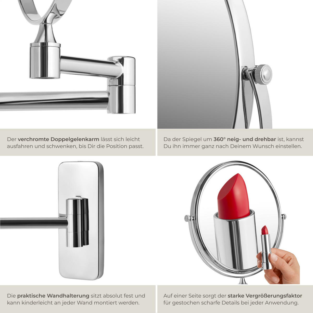 KOSMETIKSPIEGEL , doppelseitig, Ø 20 cm, silber - Silberfarben, Glas (2.7/31/26.5cm) - tectake