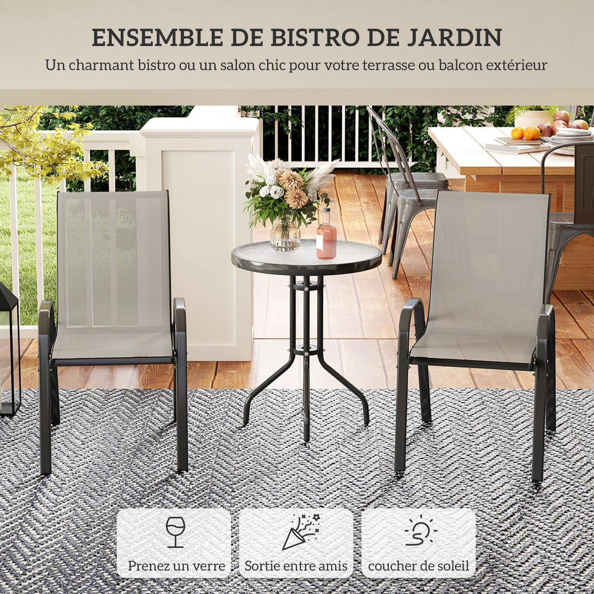 BALKONSET 3-teilig DE-14227 stapelbar, Glastisch Hellgrau - Hellgrau, Metall - ComfortXL