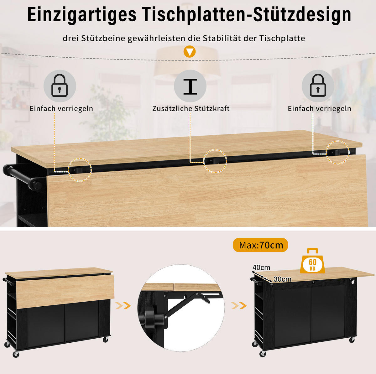 KÜCHENINSEL mit Klappplatte 120 cm Schwarz/Natur MDF - Schwarz, Holz (70/92/120cm) - Beauniv