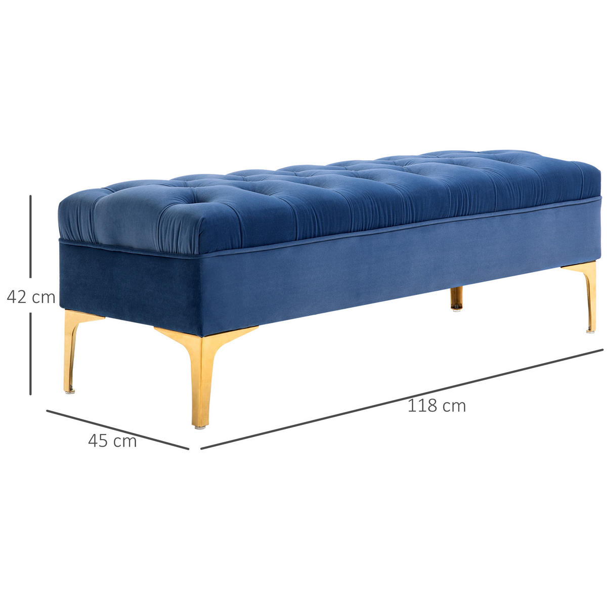 SITZBANK Bettbank Schuhbank mit erhöhten Beine Schlafzimmer Samt Blau - Blau, Kunststoff (45/42/118cm) - HOMCOM
